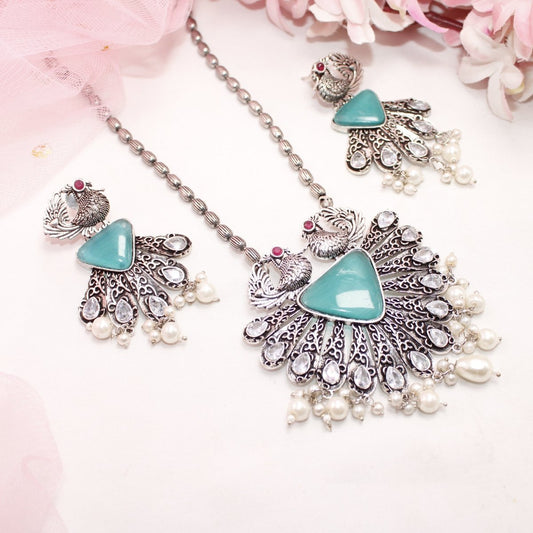 PANKH- SILVER LOOK ALIKE PENDANT SET-TURQUOISE