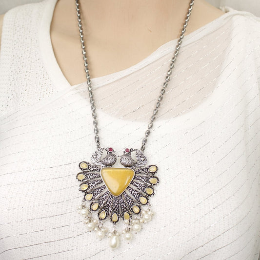 PANKH- SILVER LOOK ALIKE PENDANT SET-YELLOW