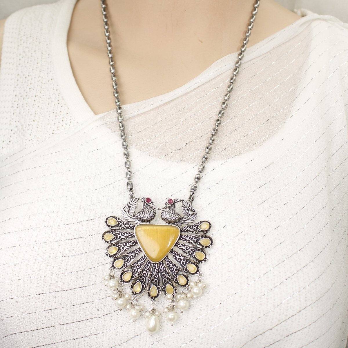 PANKH- SILVER LOOK ALIKE PENDANT SET-YELLOW