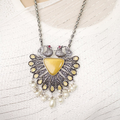 PANKH- SILVER LOOK ALIKE PENDANT SET-YELLOW