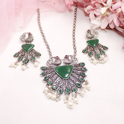 PANKH - SILVER LOOK ALIKE PENDANT SET - GREEN