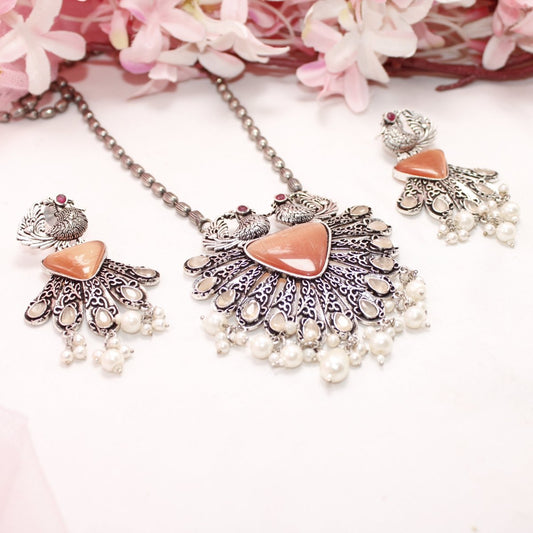 PANKH - SILVER LOOK ALIKE PENDANT SET - ORANGE