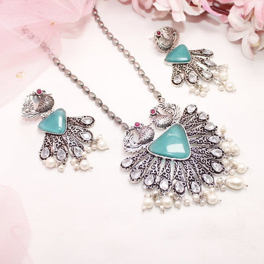 PANKH - SILVER LOOK ALIKE PENDANT SET - TURQUOISE