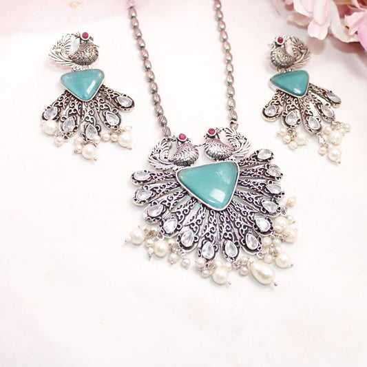 PANKH - SILVER LOOK ALIKE PENDANT SET - TURQUOISE