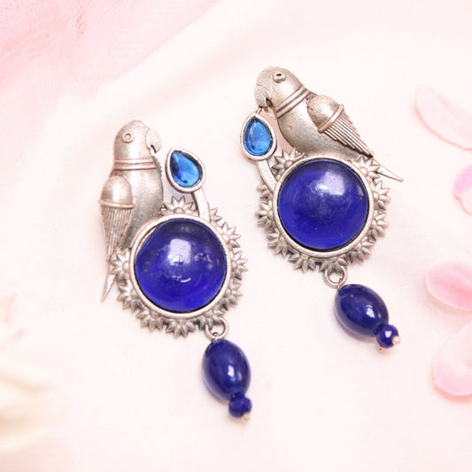 PARROT WITH ROUND MONALISA STONE EARRING - BLUE