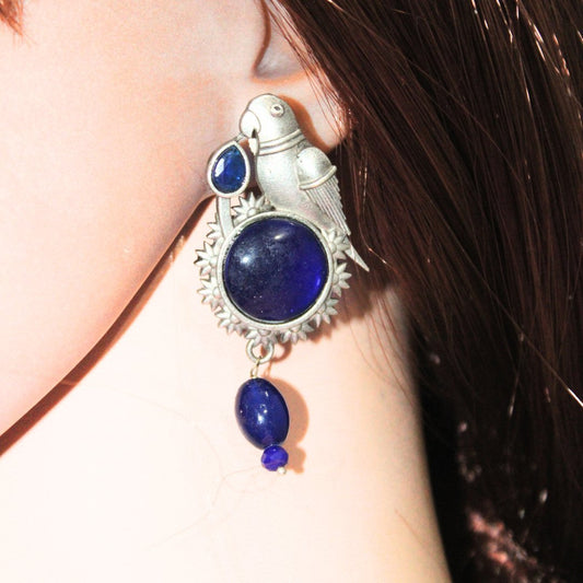 PARROT WITH ROUND MONALISA STONE EARRING - BLUE