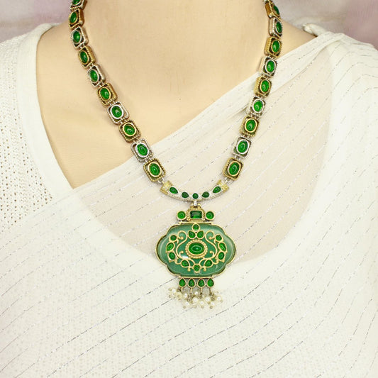PARTY NECKLACE - KARIGARI WORK DUAL - TONE - GREEN