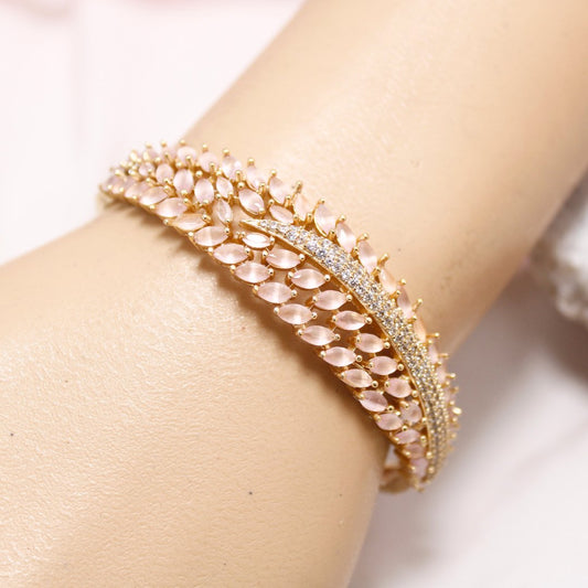 Pastel Pink Leaf Design AD Openable Kada – Gold Finish Bracelet