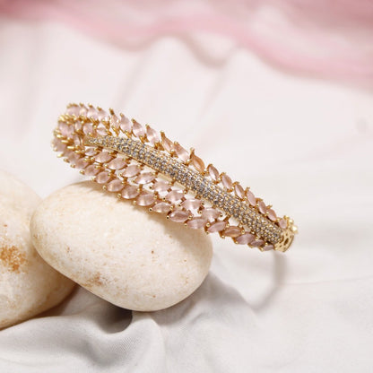 Pastel Pink Leaf Design AD Openable Kada – Gold Finish Bracelet