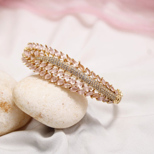 Pastel Pink Leaf Design AD Openable Kada – Gold Finish Bracelet