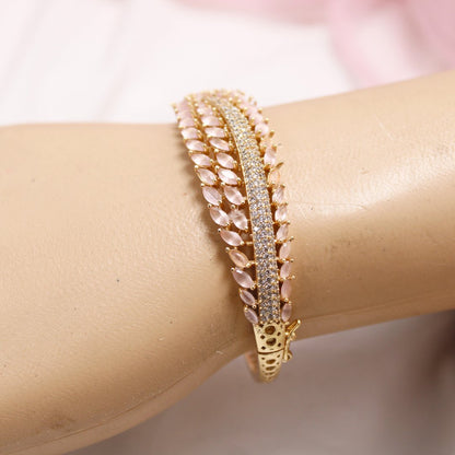 Pastel Pink Leaf Design AD Openable Kada – Gold Finish Bracelet