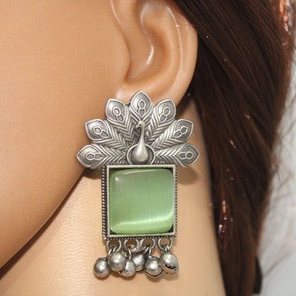 PEACKOCK PATTERN WITH SQUARE STONE & GHUNGROO STUDS-LIGHT GREEN