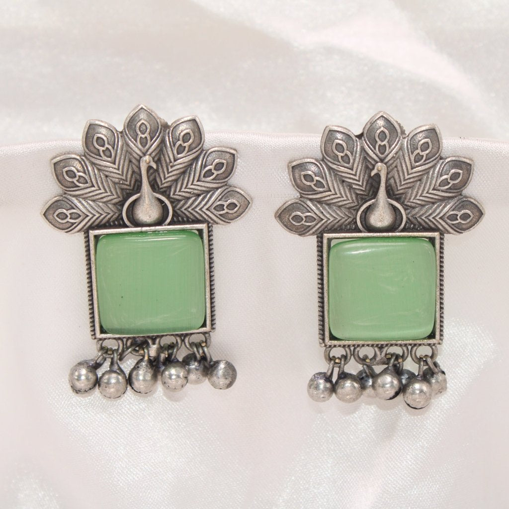 PEACKOCK PATTERN WITH SQUARE STONE & GHUNGROO STUDS-LIGHT GREEN