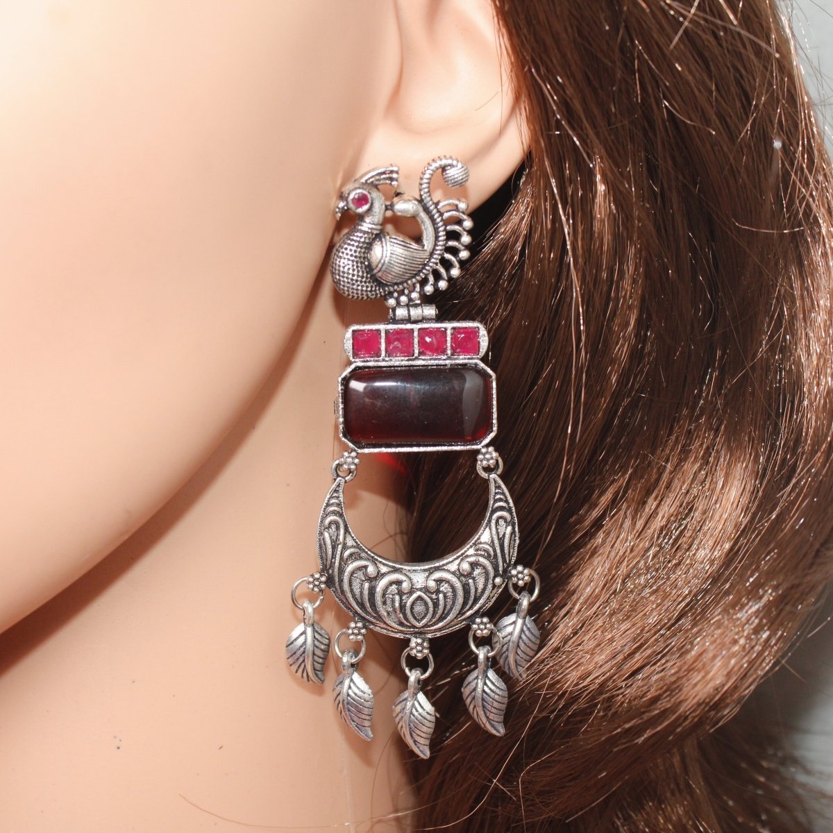 PEACOCK LONG EARRING-RED