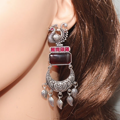 PEACOCK LONG EARRING-RED