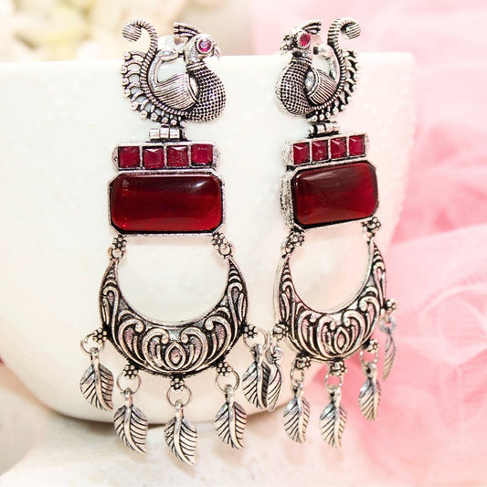 PEACOCK LONG EARRING-RED