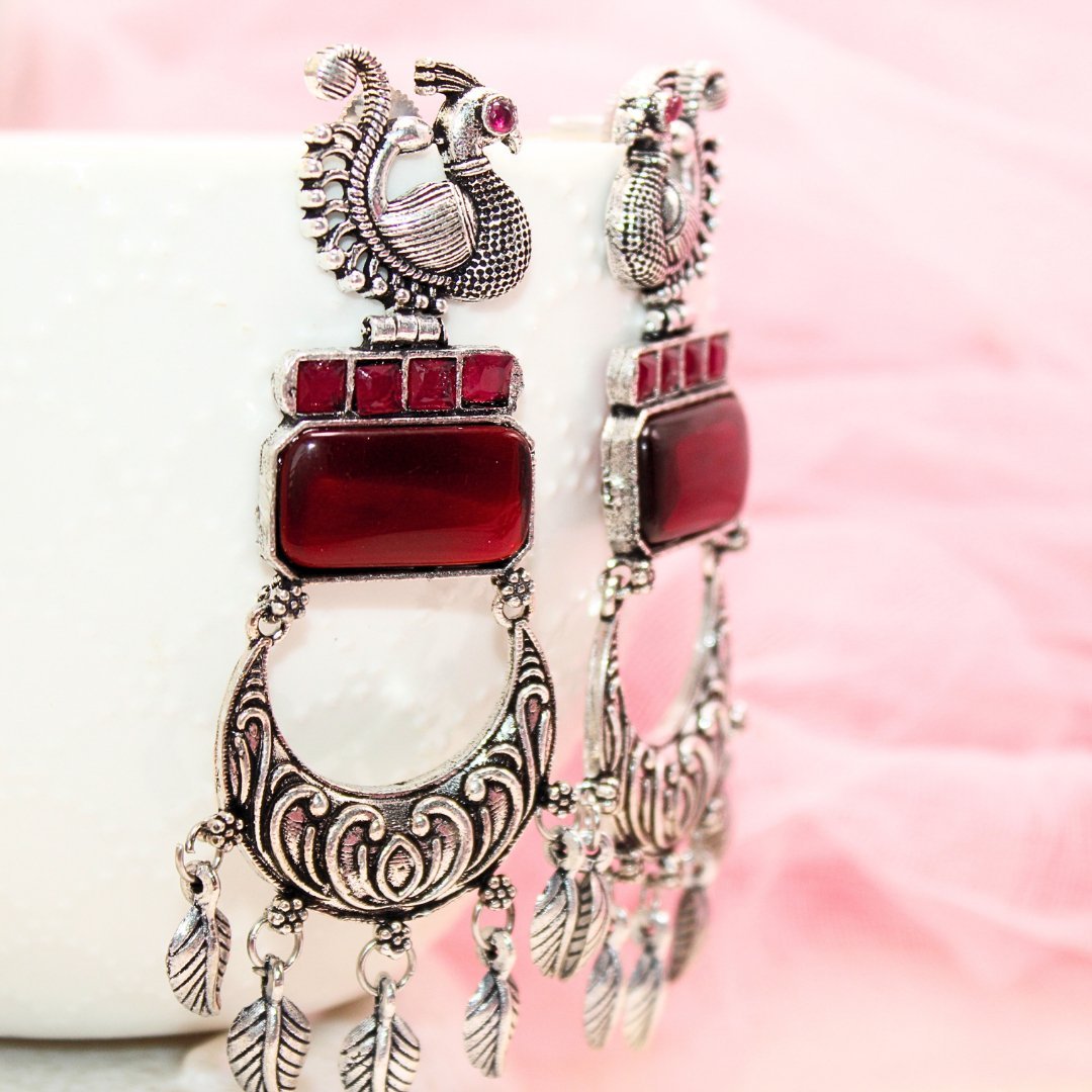 PEACOCK LONG EARRING-RED