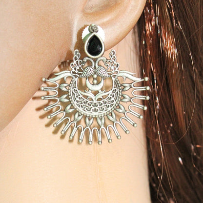 PEACOCK PAIR WITH OPEN PANKH EARRING - BLACK