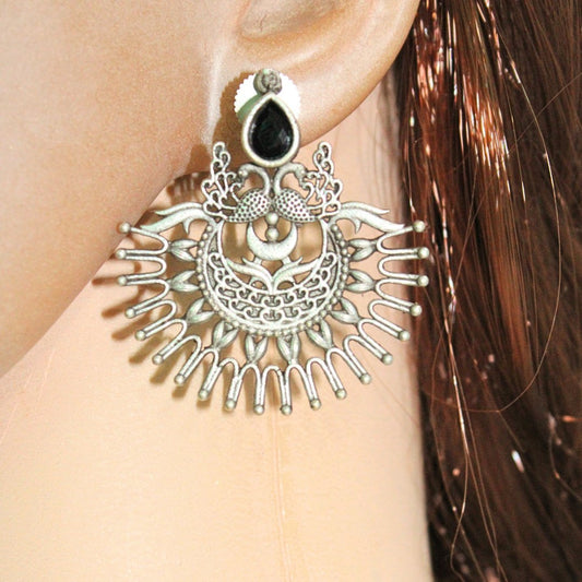 PEACOCK PAIR WITH OPEN PANKH EARRING - BLACK