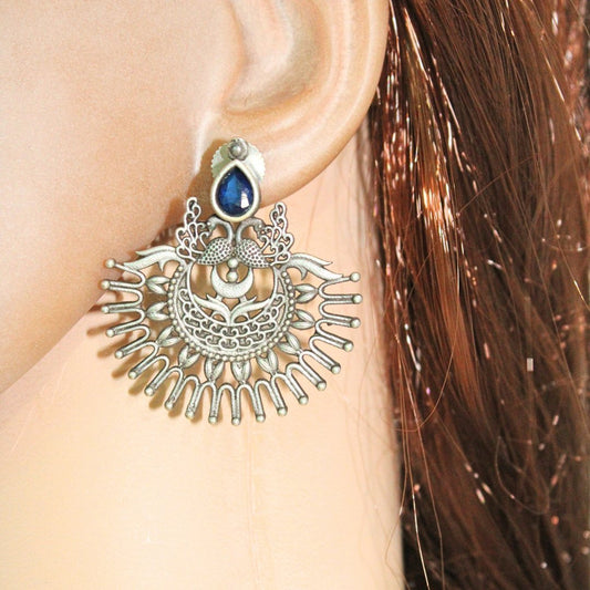 PEACOCK PAIR WITH OPEN PANKH EARRING-BLUE
