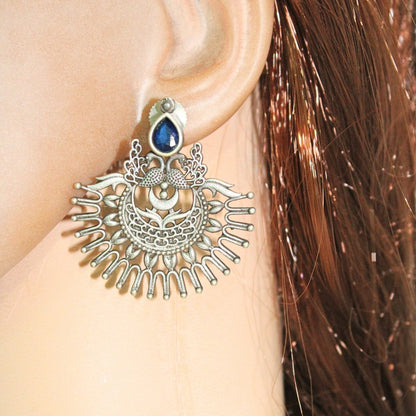 PEACOCK PAIR WITH OPEN PANKH EARRING-BLUE