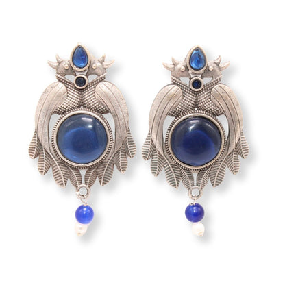 PEACOCK PAIR WITH ROUND STONE EARRING-BLUE