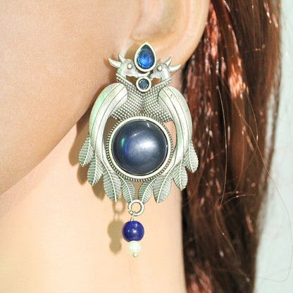 PEACOCK PAIR WITH ROUND STONE EARRING - BLUE