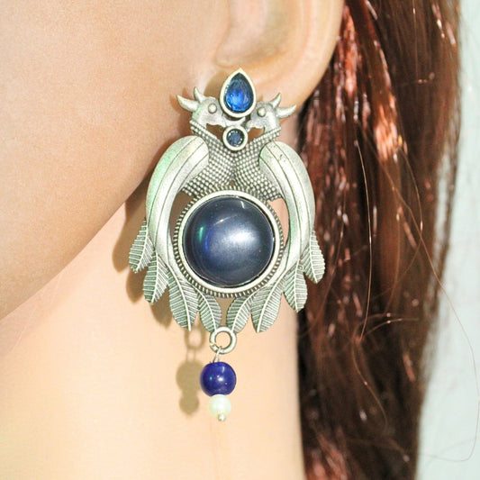 PEACOCK PAIR WITH ROUND STONE EARRING - BLUE