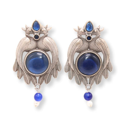 PEACOCK PAIR WITH ROUND STONE EARRING - BLUE