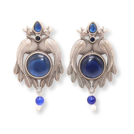PEACOCK PAIR WITH ROUND STONE EARRING - BLUE