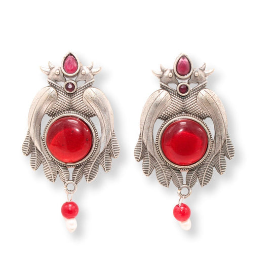 PEACOCK PAIR WITH ROUND STONE EARRING-RED