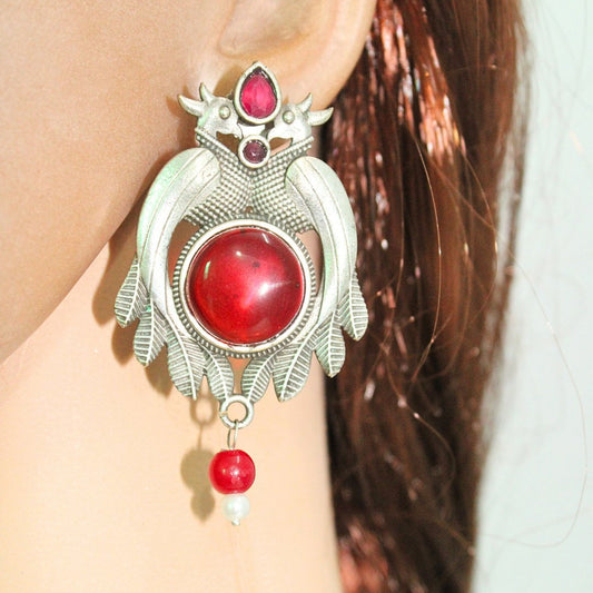 PEACOCK PAIR WITH ROUND STONE EARRING - RED