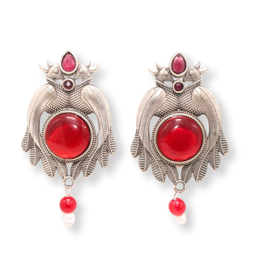 PEACOCK PAIR WITH ROUND STONE EARRING - RED