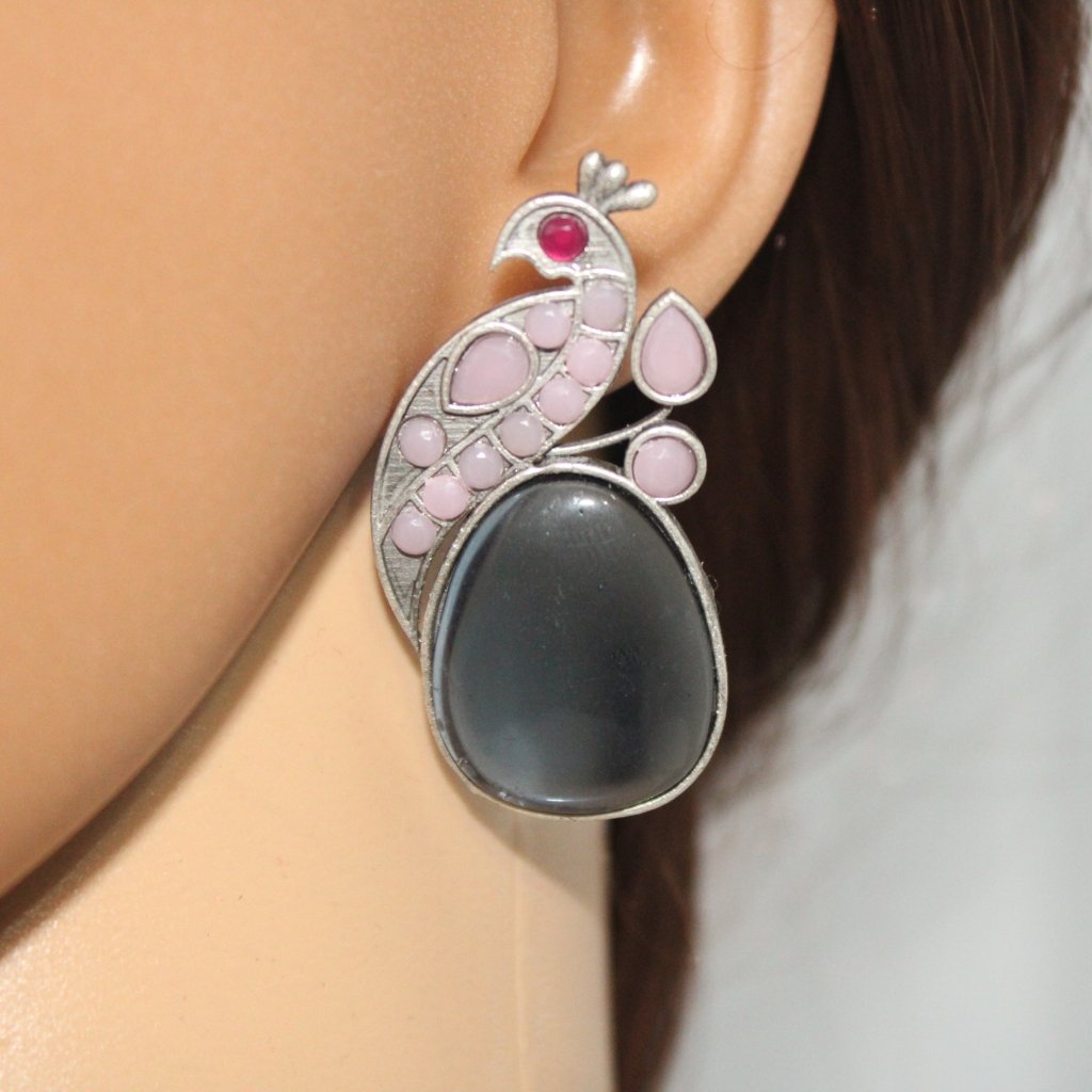 PEACOCK WITH A BIG STONE STUDS - PINK& BLUE