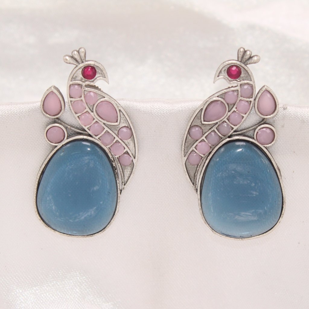 PEACOCK WITH A BIG STONE STUDS - PINK& BLUE