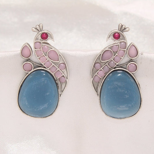 PEACOCK WITH A BIG STONE STUDS - PINK& BLUE