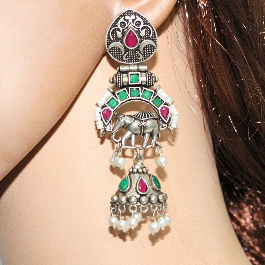 PEARL & BEADS ELEPHANT DANGLER-MAROON & GREEN