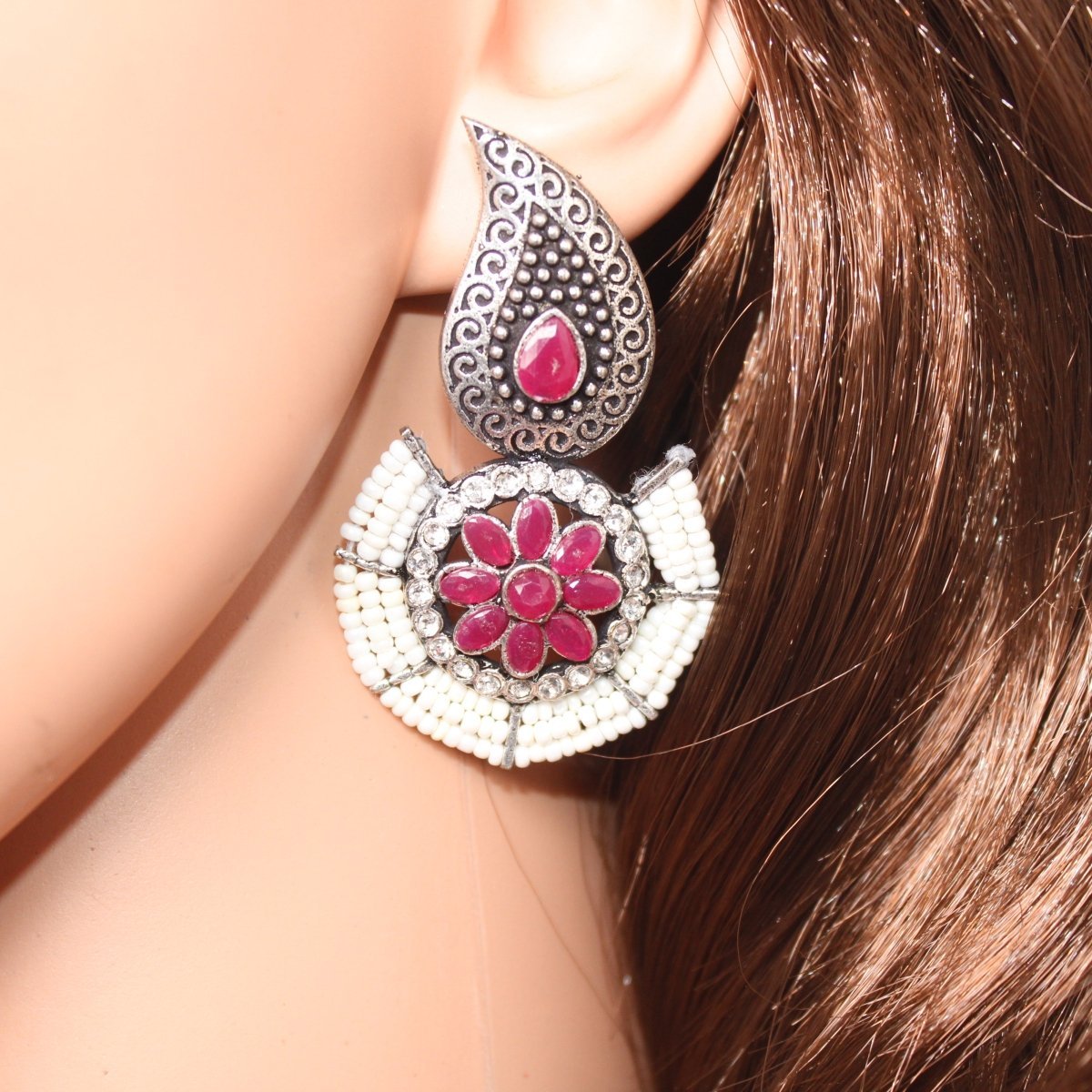 PEARL WITH KUNJ EARRING-MAGENTA