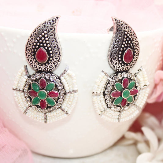 PEARL WITH KUNJ EARRING-MAGENTA & GREEN