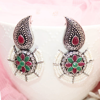 PEARL WITH KUNJ EARRING-MAGENTA & GREEN