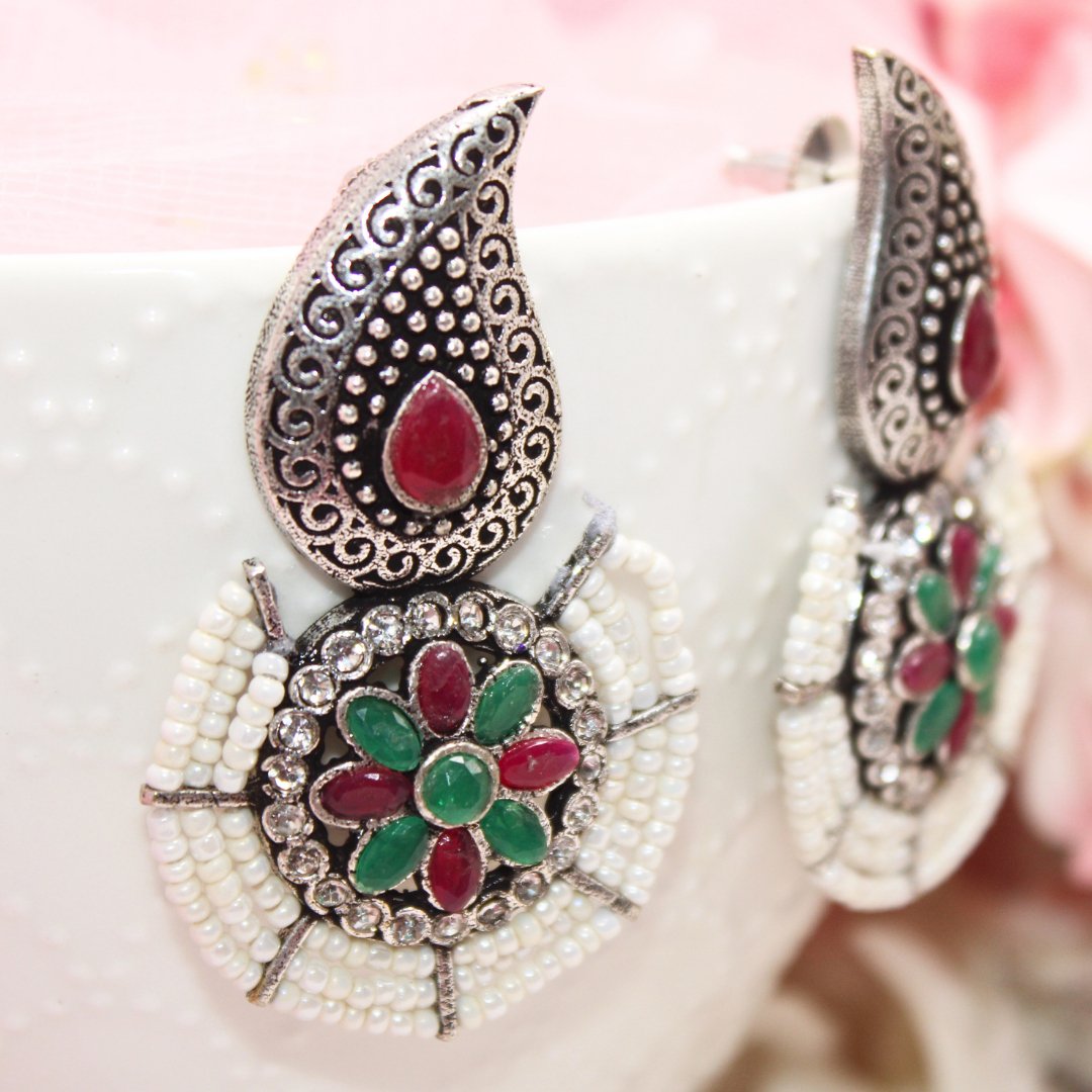 PEARL WITH KUNJ EARRING - MAGENTA & GREEN