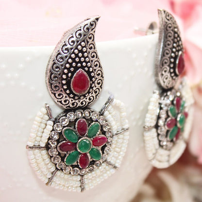 PEARL WITH KUNJ EARRING - MAGENTA & GREEN