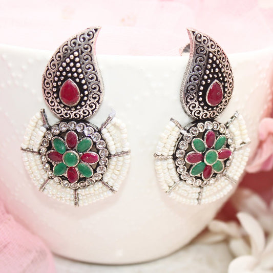 PEARL WITH KUNJ EARRING - MAGENTA & GREEN