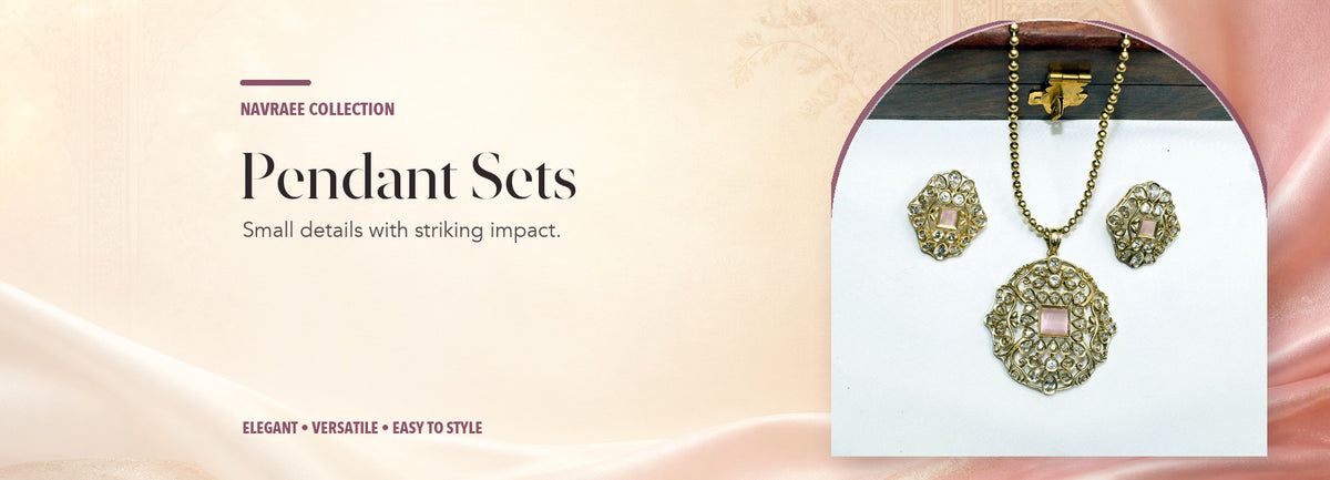 Pendant Sets collection header banner featuring Mughal-Inspired Floral Jadau Pendant Set – Baby Pink & Moissanite Detaili