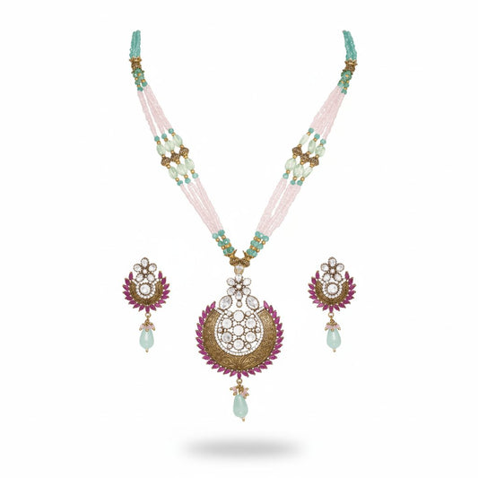 Pink & Aqua Beaded Pendant Necklace