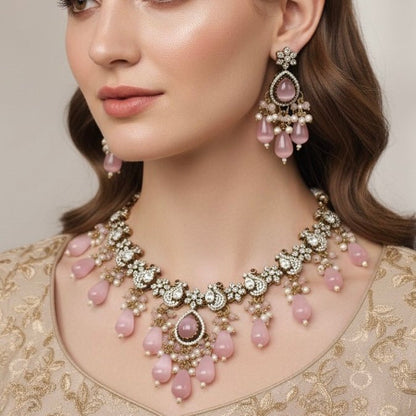 Pink Beaded Antique Necklace Set