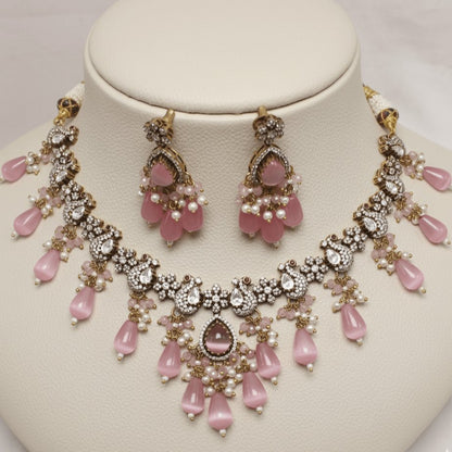 Pink Beaded Antique Necklace Set