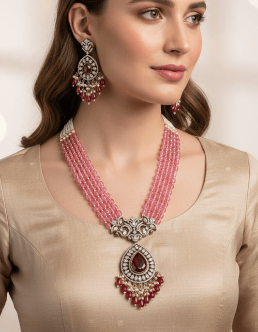 Pink beaded, moissanite & American Diamond Necklace Set