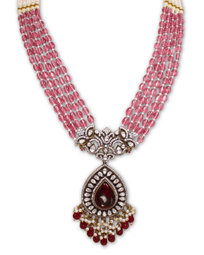 Pink beaded, moissanite & American Diamond Necklace Set