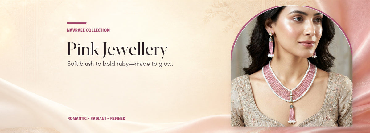 Pink Jewellery collection header banner featuring Aadya Pink Beaded And Pearl Tassel Necklace Set